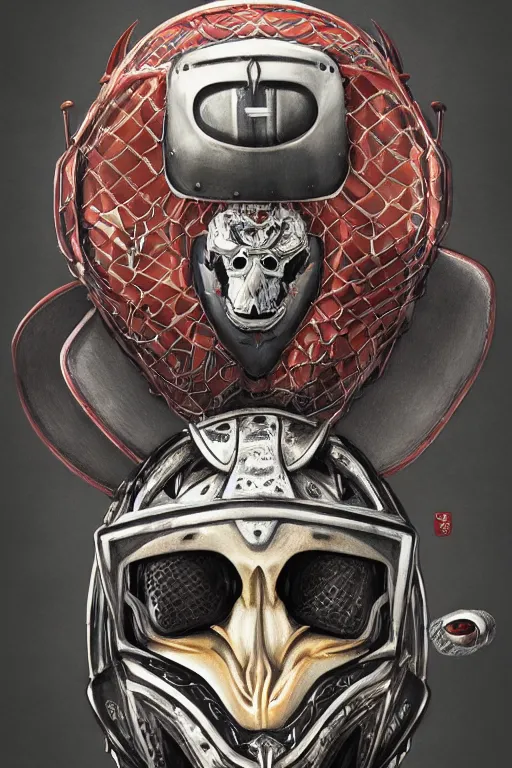 Image similar to a portrait of a hockey goalie helmet with a japanese devil skull animal illustrated by miyazaki by karol bak, james jean, tom bagshaw, rococo, sharp focus, trending on artstation, cinematic lighting, hyper realism, octane render, 8 k, hyper detailed, vivid, ultra detailed, highly detailed