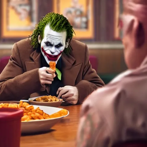 Image similar to cinematic shot of the joker sitting at a table in a popeyes restaurant and eating chicken tenders, 8 k, very detailed, very intricate,