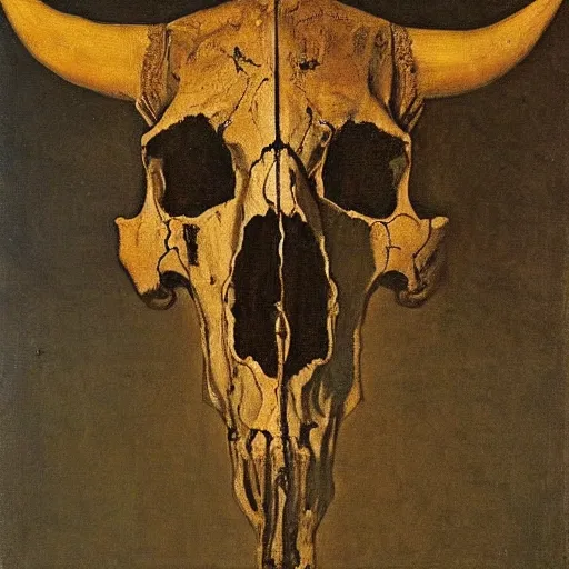 Prompt: symmetrical bull skull at the center, painting by rembrandt c 1 4. 7