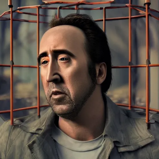 Image similar to hyperrealistic dslr film still of nicolas cage in a cage, stunning 8 k octane comprehensive 3 d render, inspired by istvan sandorfi & greg rutkowski & unreal engine, perfect symmetry, dim volumetric cinematic lighting, extremely hyper - detailed, extremely lifelike attributes & lifelike texture, intricate, masterpiece, artstation, stunning