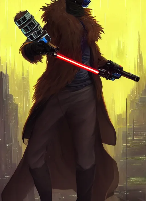 Image similar to beautiful portrait commission of a male furry anthro hyena fursona wearing cyberpunk jedi robes and wielding a yellow lightsaber in a cyberpunk city at night in the rain. character design by charlie bowater, ross tran, artgerm, and makoto shinkai, detailed, inked, western comic book art