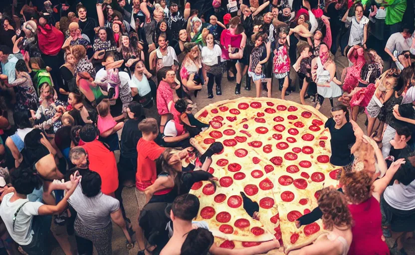 Image similar to a crowd of people dancing in a party around a giant pizza,