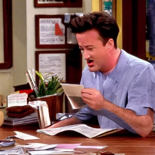 Image similar to A scene from Friends where Chandler is sited in his office desk and happily read his WENUS evaluation while eating a ham sandwich