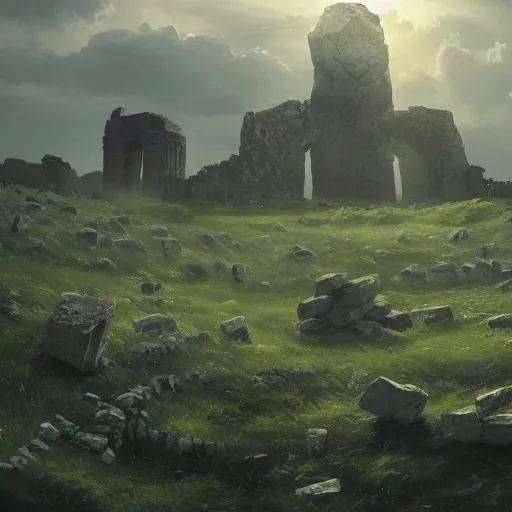 Prompt: wide view of a field surrounding the ruins of a fallen stone titan, Greg Rutkowski, dramatic lighting, airborne camera, lens flare, beautiful lighting, stone colossus remains