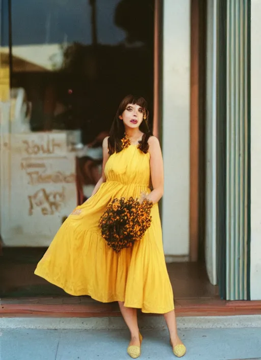 Prompt: portrait of a beautiful brown hair woman in a yellow sun dress in downtown Los Angelas, 50mm lens, Kodak Portra 400 film