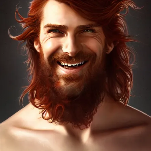 Image similar to portrait of a young ruggedly handsome but joyful pirate, male, masculine, upper body, red crimson hair, long hair, fantasy, giddy smirk, intricate, elegant, highly detailed, digital painting, artstation, concept art, matte, sharp focus, illustration, art by artgerm and greg rutkowski and alphonse mucha