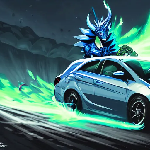 Prompt: blue knight in a green hatchback car vs dragon, close up, anime, desert landscape, greg rutkowski, Murata, one punch man manga,