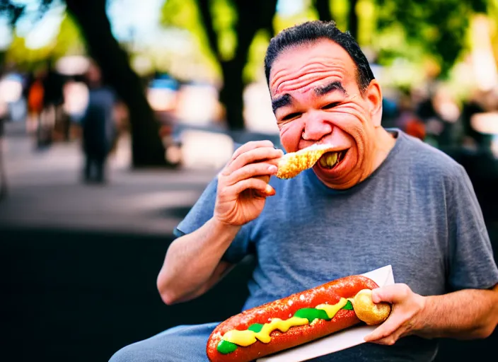 Prompt: photo of gilbert gottfried eating a hotdog, 8 k, 8 5 mm f 5. 6