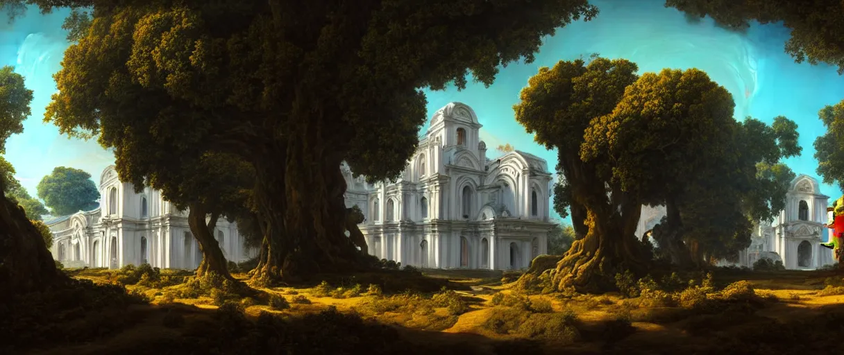 Prompt: hyperrealistic hyper detailed day shot of neo-rococo monastery on jupiter surrounded by giant blue trees matte painting concept art maciej kuciara gustave courbet cinematic orange lighting low angle hd 8k sharp shallow depth of field