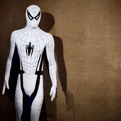 Image similar to white spider - man suit with black web lining, cinematic, volumetric lighting, realistic, hyperdetailed, photorealistic, photograph