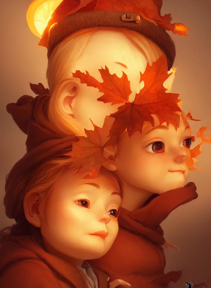 Image similar to hand drawn cute one gnomes face in autumn and pumpkin, detailed closeup face, concept art, low angle, high detail, warm lighting, volumetric, godrays, vivid, beautiful, trending on artstation, art by artgerm and greg rutkowski and alphonse mucha