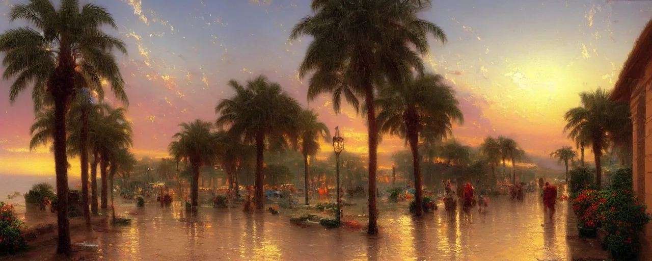 Prompt: view of a Mediterranean street that ends at the seaside, overcast dawn, painting by thomas cole craig mullins thomas kinkade