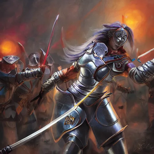 Prompt: female knight with an electric longsword rallies a band of troops, dramatic, fantasy character portrait, dynamic lighting, colorful, intricate, hyper realism, 8 k, high resolution