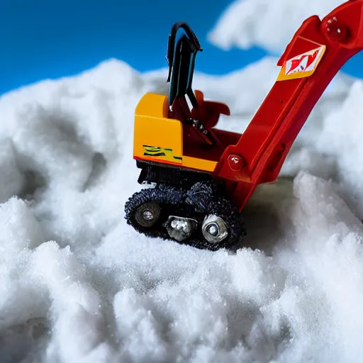 Prompt: toy space excavator riding on snow, 3 3 mm close up photo