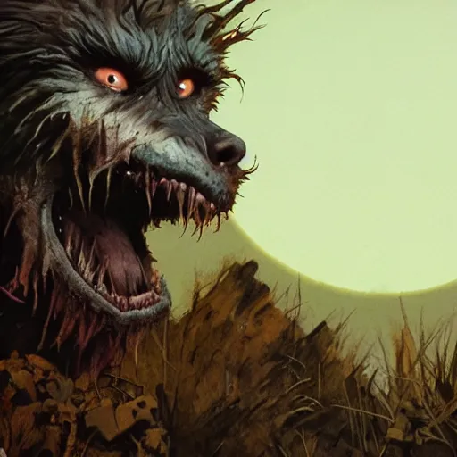 Image similar to ragged gritty werewolf mid transformation staring at you, moon in the background, 3d scene, render, ultra realistic, zenith view, Frank Frazetta, Richard Corben, Moebius, Greg Rutkowski, artstation, cgsociety, level design, unreal engine, 3d scene, render, ultra realistic