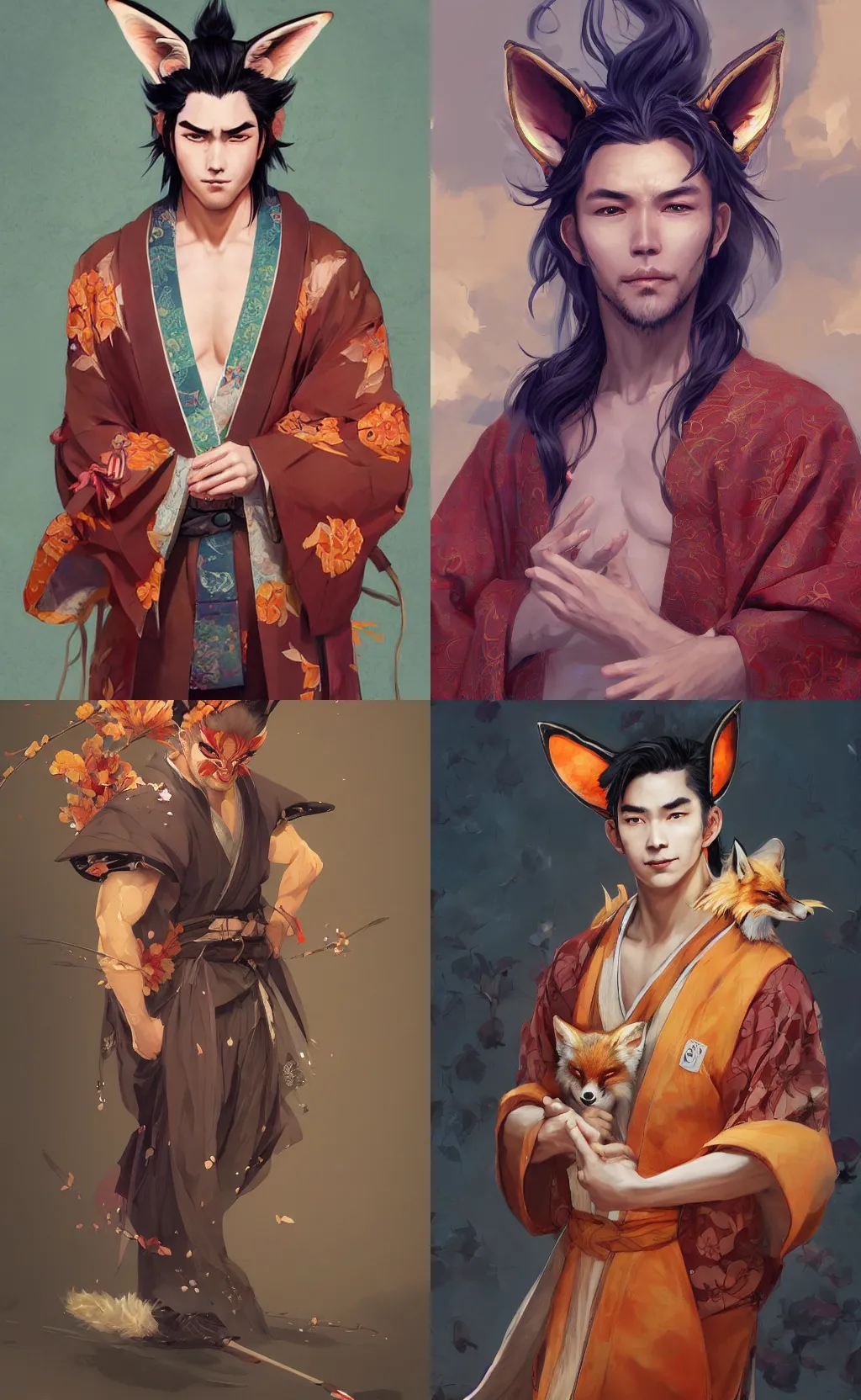 Prompt: An beautiful digital painting of a beautiful man with fox ears and nine tails wearing a kimono, by Stanley Artgerm Lau, WLOP, Rossdraws, James Jean, Andrei Riabovitchev, Marc Simonetti, and Sakimichan, tranding on artstation, SFW version
