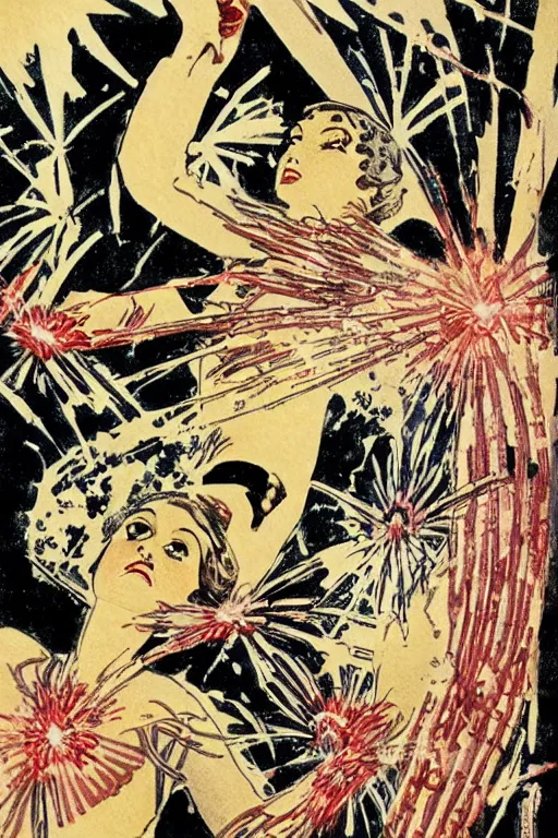 Prompt: anatomical illustration of fireworks, 1920s art deco, by Telemaco Signorini, vintage postcard, a vintage anime 70s comic book watercolor by Dean Ellis