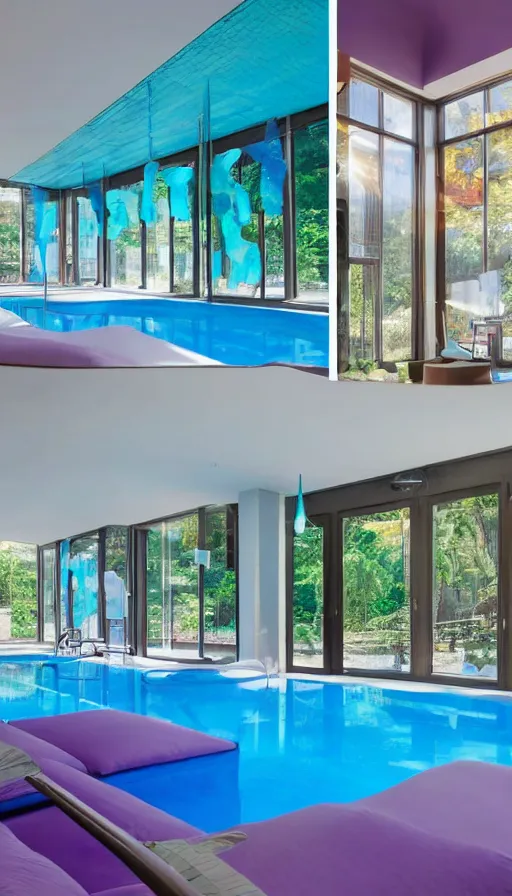 Image similar to A sunlit indoor lounge area with a pool with clear water and another pool with translucent purple water, next to a big window, 3D art