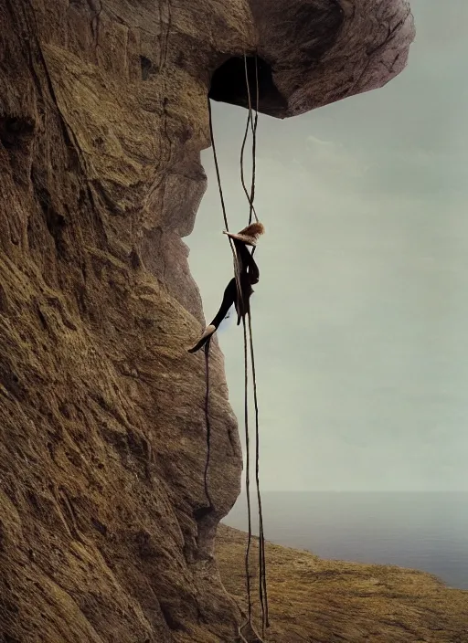 Image similar to action shot of Nicole Kidman hanging from a cliff face, Les Edwards, Zdzislaw Beksinski, Carl Gustav Carus, John Harris, Michal Karcz, Zhang Kechun, Mikko Lagerstedt, Scott Listfield, Steven Outram, Jessica Rossier