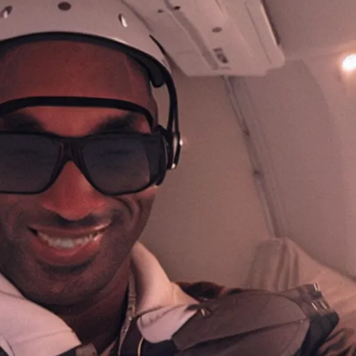 Prompt: selfie of kobe bryant holding a giant rolled marijuana cigarette in a helicopter full of smoke, 8k resolution, hyper detailed, shot in the air