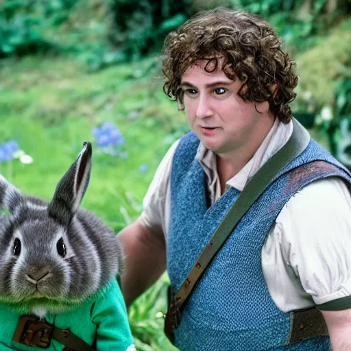 Image similar to clean shaven pudgy British lad with short curly dark brown hair as a hobbit wearing a white men's crossbody sling chest bag and blue vest standing next to a giant rabbit, blue vest! high resolution film still, movie by Peter Jackson