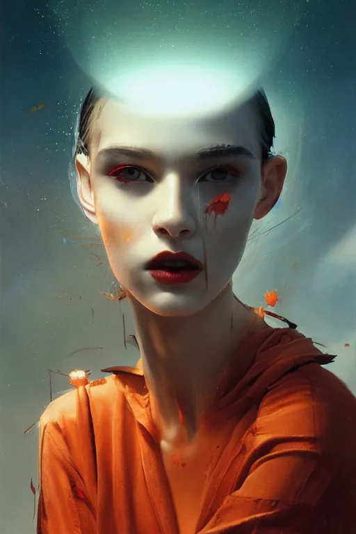 Prompt: 3 d, sci - fi, morning, fashion model face, sun, cinematic, lightning, clouds, vogue cover style, stanley kubrick, light red and orange mood, realistic painting, intricate oil painting, high detail, figurative art, multiple exposure, poster art, 3 d, by tooth wu and wlop and beeple and greg rutkowski