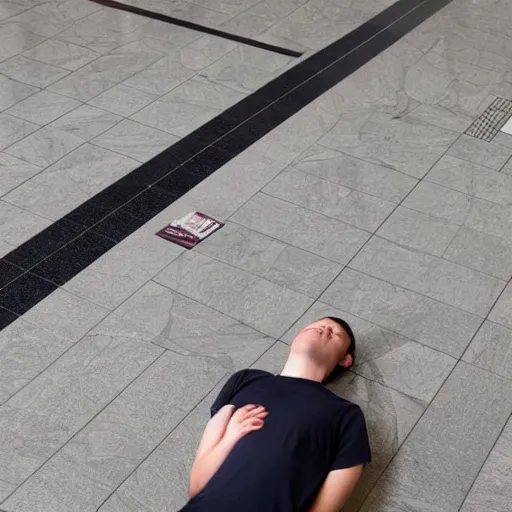 Image similar to man lying face - flat on the floor in the mall