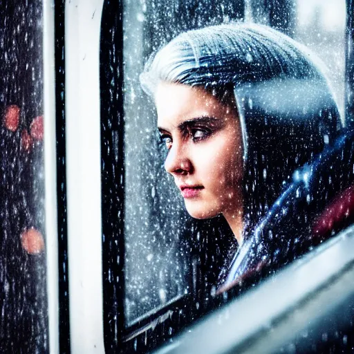 Image similar to a beautiful young woman with white hair looking out of a train window, cyberpunk city, photography, dslr 1 5 mm, rainy weather, 4 k