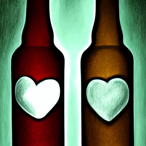 Image similar to two beers, many white hearts, friendship, love, sadness, dark ambiance, concept by Godfrey Blow, featured on deviantart, drawing, sots art, lyco art, artwork, photoillustration, poster art