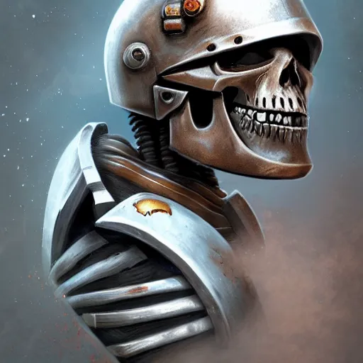 Image similar to space marine, knight, skull helmet, terminator, terrifying, grimdark, horror, war, photorealistic, front view, symmetrical, artstation, art by brom