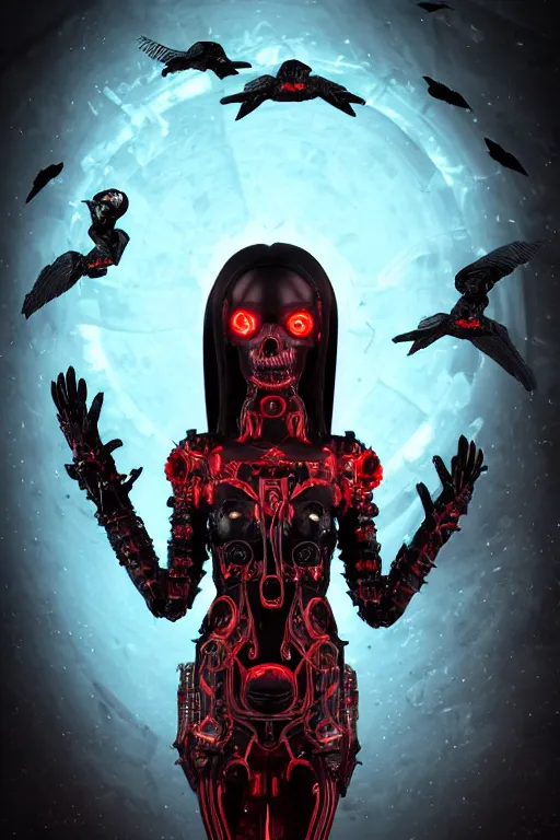 Image similar to full-body cyberpunk style sculpture of a young beautiful dark priestess, half android with a head opening exposing circuitry, glowing red eyes, black roses, flowing blood red colored silk, fabric, candles. baroque elements, human skull. full-length view. baroque element. intricate artwork by caravaggio. crows flying in background. Trending on artstation, octane render. cinematic lighting from the right, hyper realism, octane render, 8k, depth of field, 3D