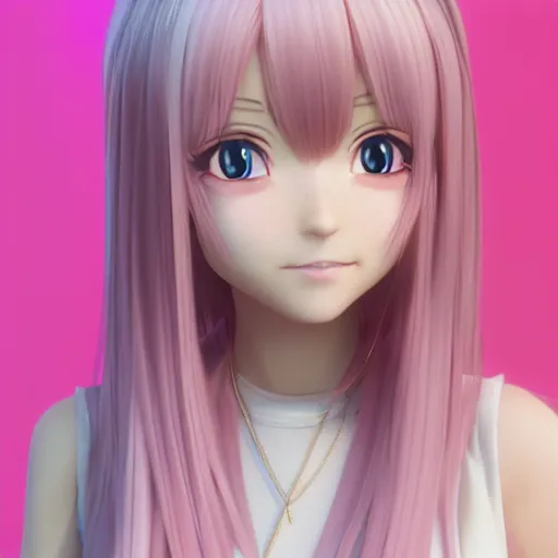 Prompt: Render of Nikki from Shining Nikki Dress-Up Game, a cute 3D anime young woman, long light pink hair, full bangs, full round face, hazel amber eyes, pale skin, Chinese heritage, smiling softly, wearing casual clothing, interior lighting, cozy home background, medium shot, mid-shot, hyperdetailed, trending on Artstation, Unreal Engine 4k