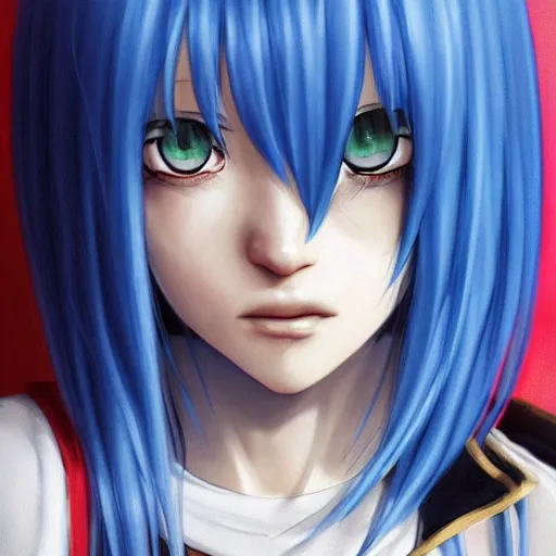 Prompt: profile shot of rimuru tempest, sky blue, straight hair, long bangs, | gold colored eyes | wearing a black jacket with white stripes, very high collar, highly detailed, unreal engine 5, digital painting, cinematic, wlop | artgerm, pixiv, yoshitaka amano, greg rutkowski, ilya kuvshinov, andy warhol