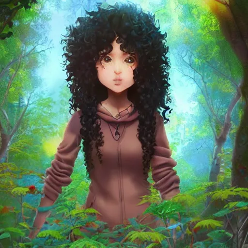 Image similar to A brown girl with black curly hair in a colorful forest, anime, highly detailed, artstation, 8k,