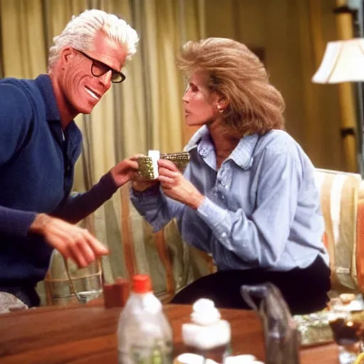 Prompt: Ted Danson holding Whoopie Goldbery's hair back as she throws up Vodka