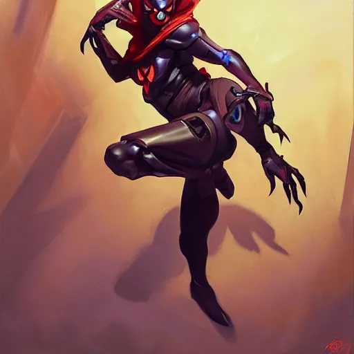 Image similar to greg manchess portrait painting of a dark female iron spiderman as overwatch character, medium shot, asymmetrical, profile picture, organic painting, sunny day, matte painting, bold shapes, hard edges, street art, trending on artstation, by huang guangjian, gil elvgren, ruan jia, greg rutkowski, gaston bussiere