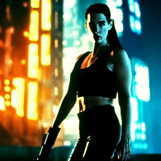 Prompt: jennifer connelly starring in a cyberpunk movie in a distopic futuristic city in the style of bladerunner, wearing a cropped black tank top, black boyshorts and black boots, firing a gun, muzzle flash, movie still, highly detailed, rainy night, volumetric lights, dramatic, scifi, sharp focus