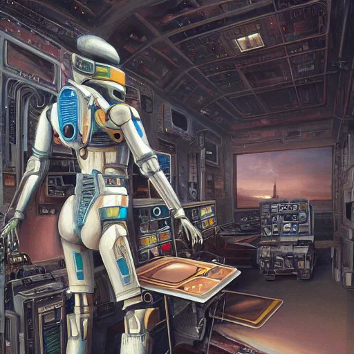 Image similar to detailed painting of a scifi mech bodysuit, interior with old computers, celestial ephemeral ornaments and greek architecture, artstation, norm rockwell in africa, cinematic