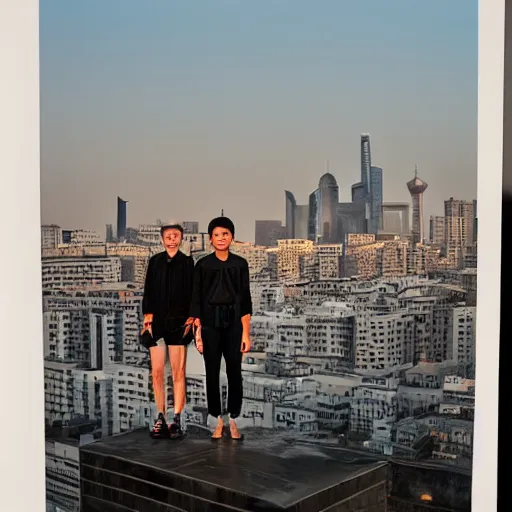 Image similar to a small rooftop with a couple of modern teenagers, standing and talking to each other, clear portrait realistic, wearing black modern clothes, modern shanghai bund is on the background, dust, sunset, by gregory crewdson, by hajime sorayama