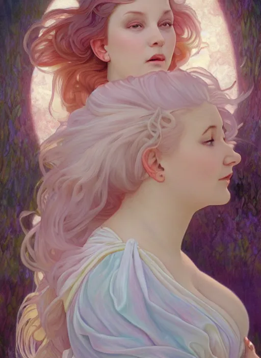 Image similar to a chubby white woman with pointed ears, wearing a white sundress, rainbow pastel clouds for hair, realistic painting by ross tran and gerald brom and alphonse mucha, artgerm, trending on artstation