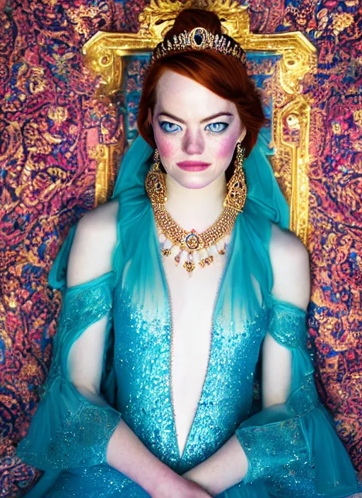 Image similar to portrait of emma stone as princess jasmine in persian palace, by charlotte grimm, natural light, detailed face, beautiful crossed hands,, canon eos c 3 0 0, ƒ 1. 8, 3 5 mm, 8 k, medium - format print, half body shot