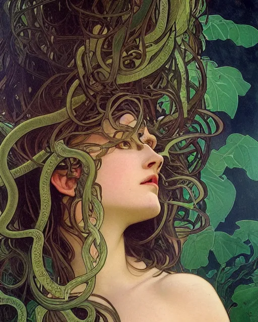 Prompt: side profile portrait of Medusa by Alphonse mucha, art nouveau, oil on canvas, wisps, snakes, foliage, lush, cinematic composition, cinematic concept art, volumetric lighting, high octane render, unreal engine, high detail, realism, hyper-real