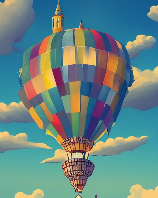 Image similar to flying cloud castle, buildings, baloons, machines, bright, blue sky, mountains, colorful, cinematic lighting, fantasy, high detail, illustration, masterpiece, artstation, 4 k, art by wylie beckert