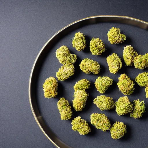 Prompt: a professional photo of marijuana nugs on a rolling tray