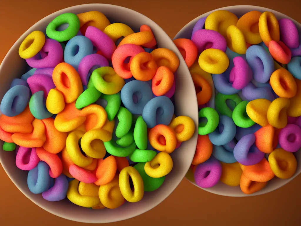 Image similar to bowl of fruit loops in milk, high realism, high detail, stylized, pixar, octane render