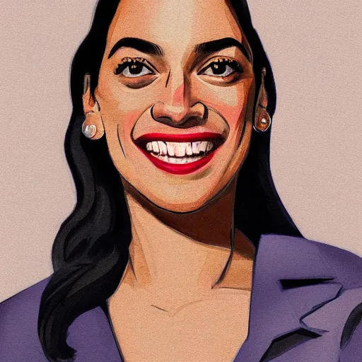 Image similar to smiling, happy, beautiful, intelligent, powerful alexandria ocasio - cortez, loving eyes, fully clothed, wise, beautiful, dramatic lighting, sharp focus, art deco patterns by stanley artgerm, retro futurism, dramatic lighting, trending on artstation, flat colour, geometric curves, gradient filter