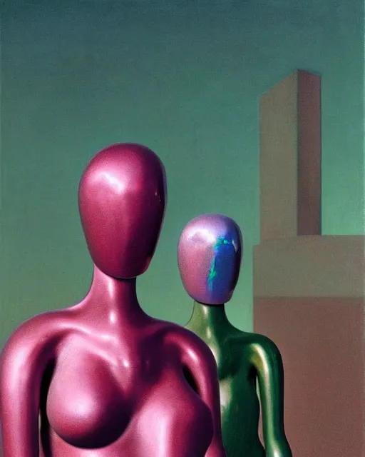 Prompt: hyperrealistic postmodern mechanical iridescent pink humanoids performing concept art santiago caruso de chirico sharp very dramatic green light 8k low angle shallow depth of field