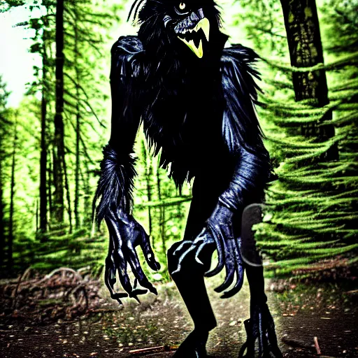 Image similar to werecreature consisting of a human and crow, photograph captured in a forest