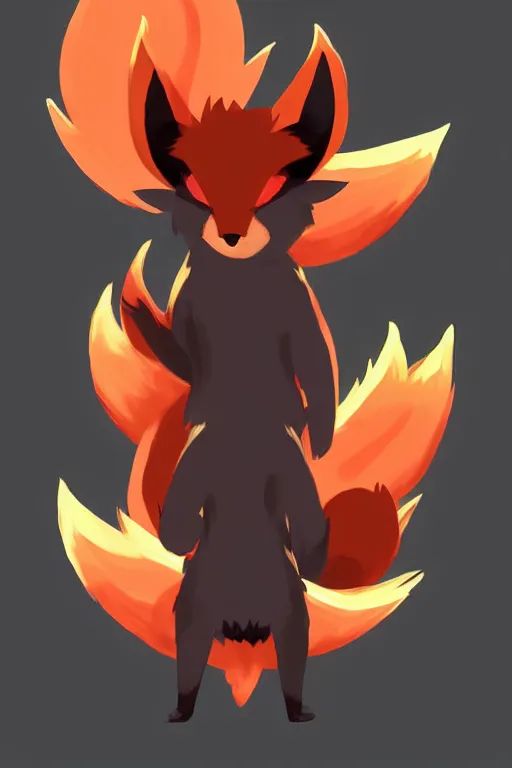 Prompt: zorua illusory trickster pokemon, stylised fox - like appearance, black and auburn colour pallet, thick furry neck and chest fluff, stylised 🖌 - like hair, pokemon concept art with multiple angles, super detailed, clean lines, digital art