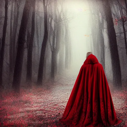 Prompt: a high detailed photo of a lady in a red cloak, seen from behind, ancient forest, mist, 35mm, photorealistic, realistic, deviantart, gloomy atmosphere, high definition